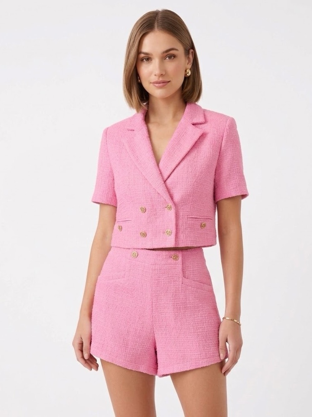 Baby Pink Cropped Tweed Short Sleeve Double Breasted High Rise Shorts Co-Ord Set